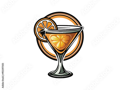 Design a sophisticated logo featuring a martini glass with a lemon slice as a garnish. The logo should have a vintage feel, with bold lines and contrasting colors.