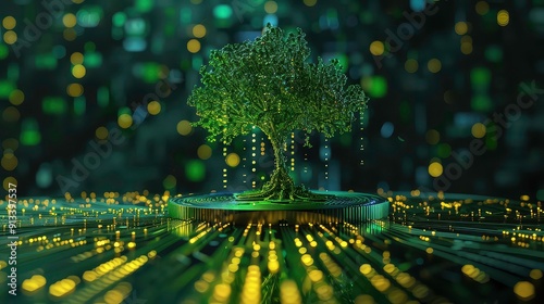 A green, geometric tree stands on a platform with a circuit board design. Yellow lights trickle down from the tree like raindrops. The background is a blurred green and yellow bokeh.