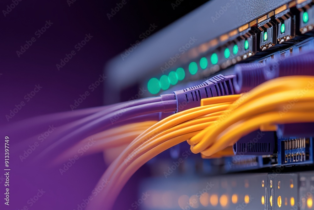 A close-up of network ethernet cables plugged into a server, highlighting the connectivity and technology involved in modern networking systems. A close-up of network ethernet cables plugged into a server, highlighting the connectivity and technology involved in modern networking systems.