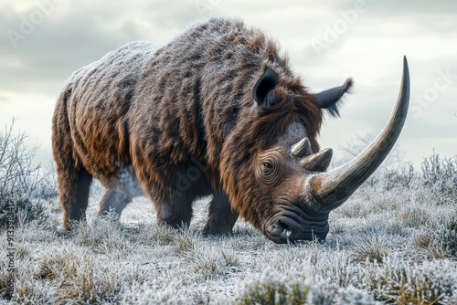 Portrait of a woolly rhinoceros grazing on sparse vegetation in the frozen wilderness, with its horn covered in frost. High-resolution, detailed textures, crisp focus