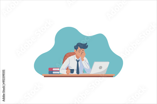 Bored young man at the desk with tired expressions. vector illustrations.
