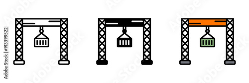 Gantry Crane icon, Large overhead crane used for lifting and transporting heavy loads across large distances in industrial settings.