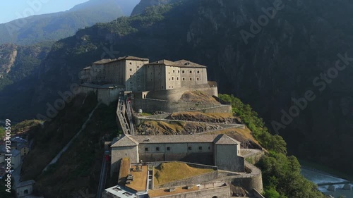 Aerial view of Fort Bard, a historic fortress in the scenic Aosta Valley, Italy