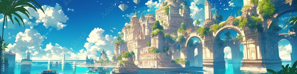Fototapeta premium Surreal Anime-Inspired Cityscape: Urban Fantasy Fusion of Pyramids, Castles, and Temples. 4K Digital Wallpaper Blending Japanese Animation Style with Architectural Wonders for Creative Marketing and I