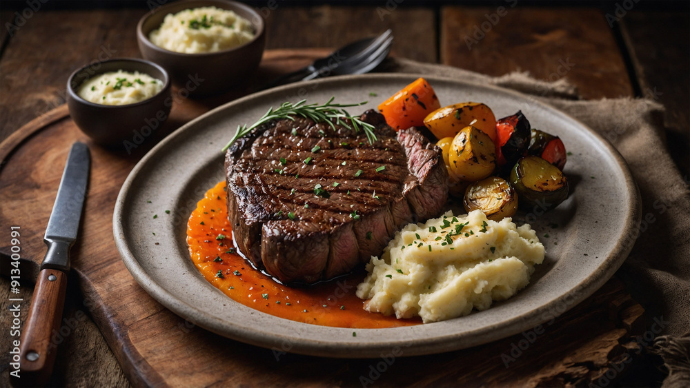 Juicy grilled steak with a side of roasted vegetables and mashed potatoes, served on a rustic wooden plate Juicy grilled steak with a side of roasted vegetables and mashed potatoes, served on a rustic wooden plate