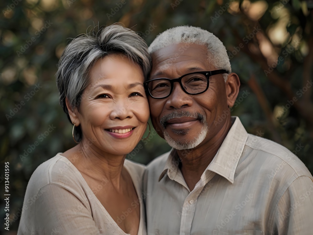 Portrait of a couple of black man from Africa and white woman from Asia, individuals of different races Portrait of a couple of black man from Africa and white woman from Asia, individuals of different races