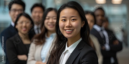 An Asian young woman, the central figure in a business setting, surrounded by her diverse team, all working together on a project, emphasizing teamwork and leadership.