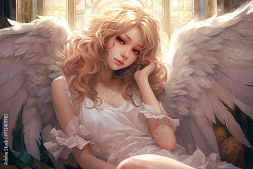 Shy girl angel.Anime art. High quality illustration photo