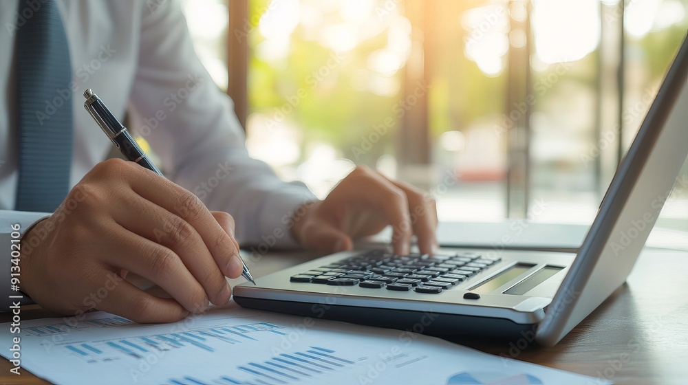 Tax and VAT concept emphasizes government and state taxes A businessman uses a calculator and laptop to complete an individual income tax return form online for tax payment involving data