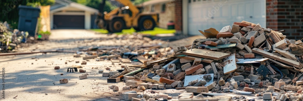 Material and debris stacked in driveway for home renovation construction