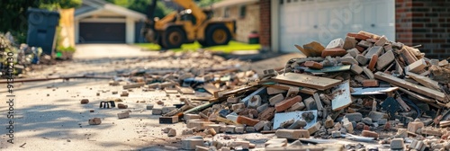 Obraz na płótnie Material and debris stacked in driveway for home renovation construction w salonie