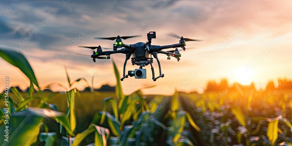 Drones and AI technology monitoring crops in a field. Drones and AI technology monitoring crops in a field.