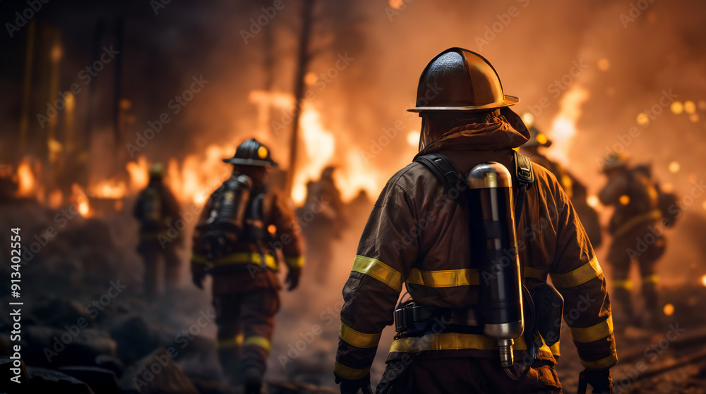Amidst forest of raging blaze, firefighters with protective gear. Generative AI Amidst forest of raging blaze, firefighters with protective gear. Generative AI
