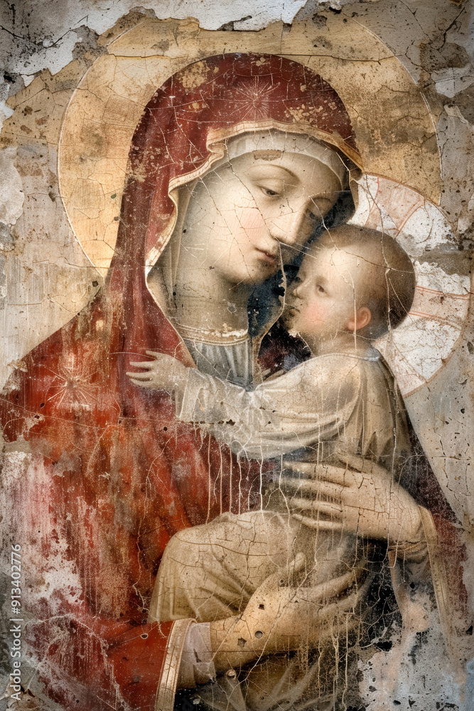 Virgin Mary with baby Jesus. AI generative.