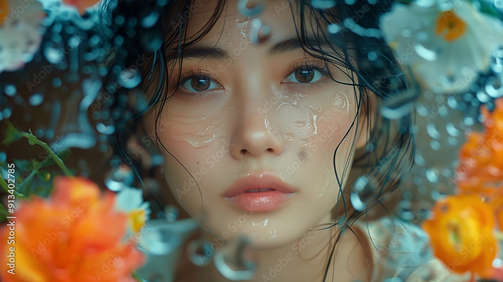 A Young Woman Surrounded by Colorful Flowers and Raindrops on a Sunny Day A Young Woman Surrounded by Colorful Flowers and Raindrops on a Sunny Day