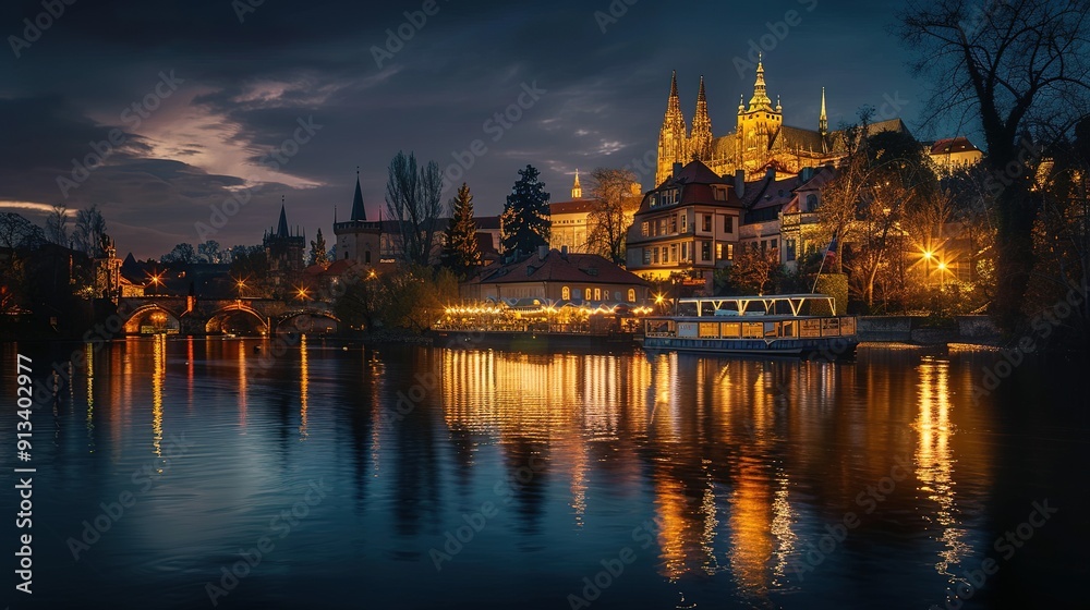 Illuminated Prague Castle and Charles Bridge at Night with Boat on Vltava River Illuminated Prague Castle and Charles Bridge at Night with Boat on Vltava River