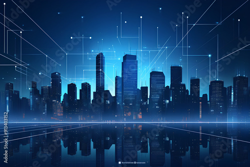 The concept of a futuristic smart city is isolated on a blue background. An illustration of skyscrapers in a frame polygonal style at night.