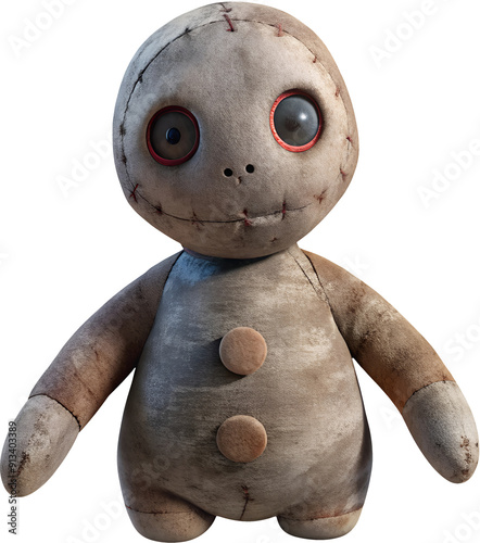 creepy ragdoll toy with stitched-up face and glowing eyes - vintage horror and spooky halloween decoration. photo