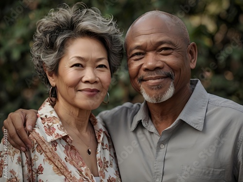 Portrait of a couple of black man from Africa and white woman from Asia, individuals of different races