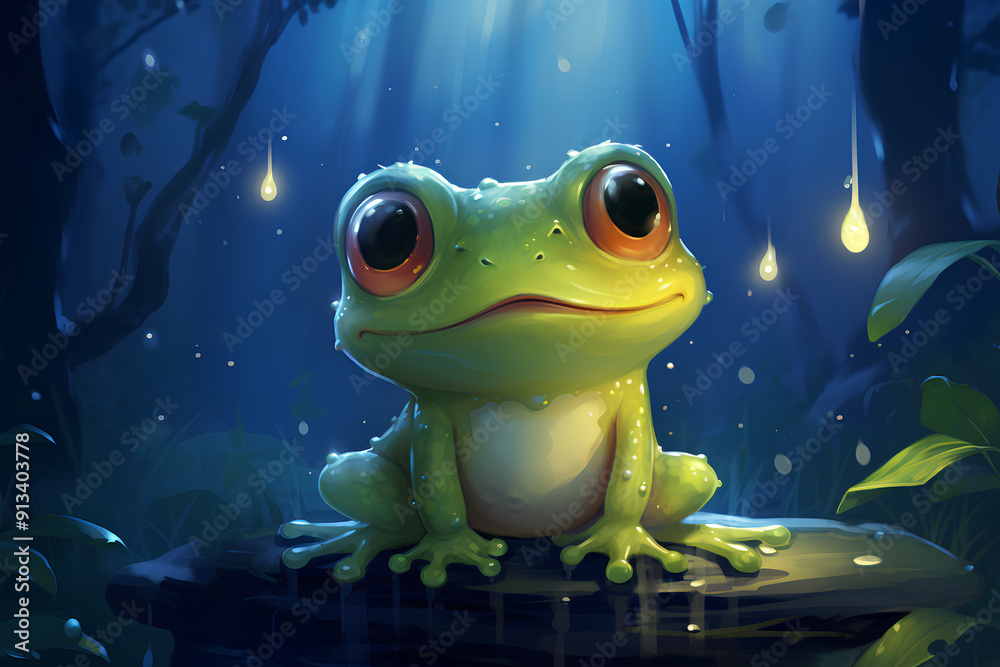 The dew-kissed sheen on froggy skin, sparkles, moonlight reflection, cute pose, adorable, cartoon, anime art The dew-kissed sheen on froggy skin, sparkles, moonlight reflection, cute pose, adorable, cartoon, anime art