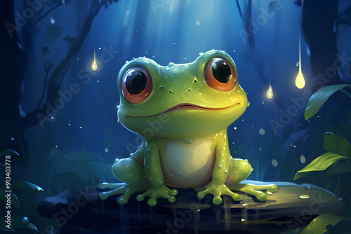 The dew-kissed sheen on froggy skin, sparkles, moonlight reflection, cute pose, adorable, cartoon, anime art