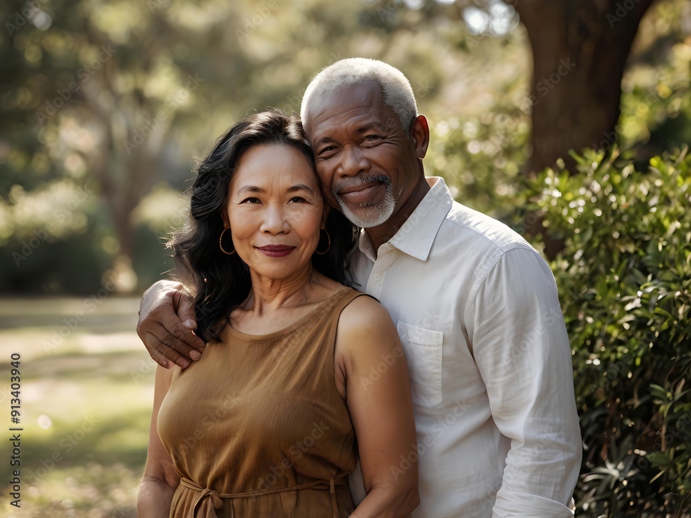 Naklejka premium Portrait of a couple of black man from Africa and white woman from Asia, individuals of different races