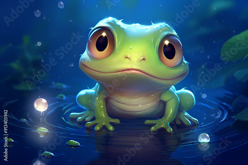 The dew-kissed sheen on froggy skin, sparkles, moonlight reflection, cute pose, adorable, cartoon, anime art