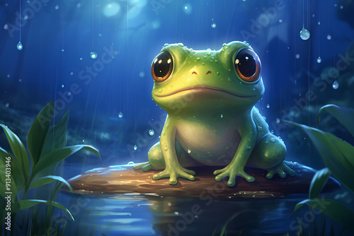 The dew-kissed sheen on froggy skin, sparkles, moonlight reflection, cute pose, adorable, cartoon, anime art photo