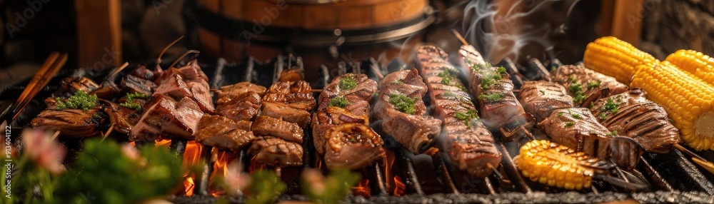 Succulent grilled meat and corn on skewers, perfectly cooked and served over hot coals, ideal for any barbecue or outdoor feast. Succulent grilled meat and corn on skewers, perfectly cooked and served over hot coals, ideal for any barbecue or outdoor feast.