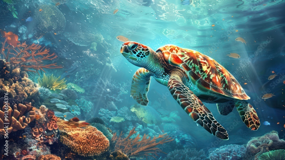 Sea Turtle Swimming Through a Vibrant Coral Reef Sea Turtle Swimming Through a Vibrant Coral Reef