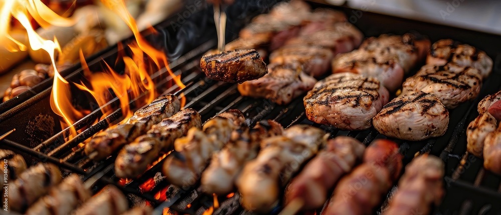 A chef grilling assorted meats over an open flame, showcasing delicious barbecue dishes in a vibrant outdoor setting. A chef grilling assorted meats over an open flame, showcasing delicious barbecue dishes in a vibrant outdoor setting.