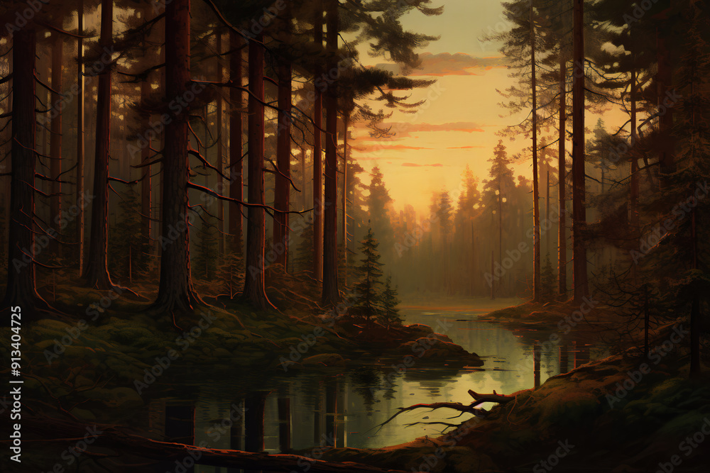 Mysterious forest at sunset. Oil painting. Mysterious forest at sunset. Oil painting.