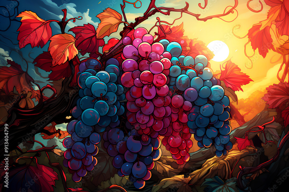 Fototapeta premium Illustration with large beautiful bunches of ripe grapes.