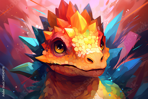 The dinosaur in front face, cute, abstract style, cartoon, digital anime art