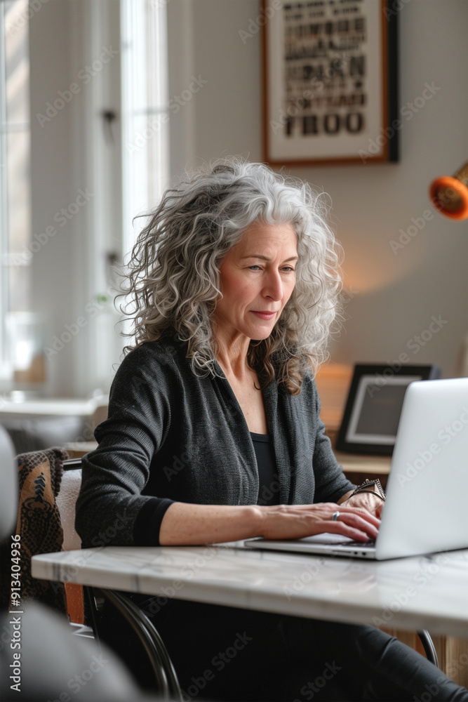 A gray-haired businesswoman sitting at her desk using a laptop concentrating looking at the computer screen. A gray-haired businesswoman sitting at her desk using a laptop concentrating looking at the computer screen.