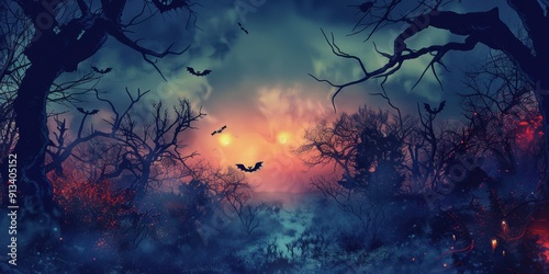 Halloween night scene in a foggy forest with eye-shaped light apparitions among haunted trees, Halloween themed background