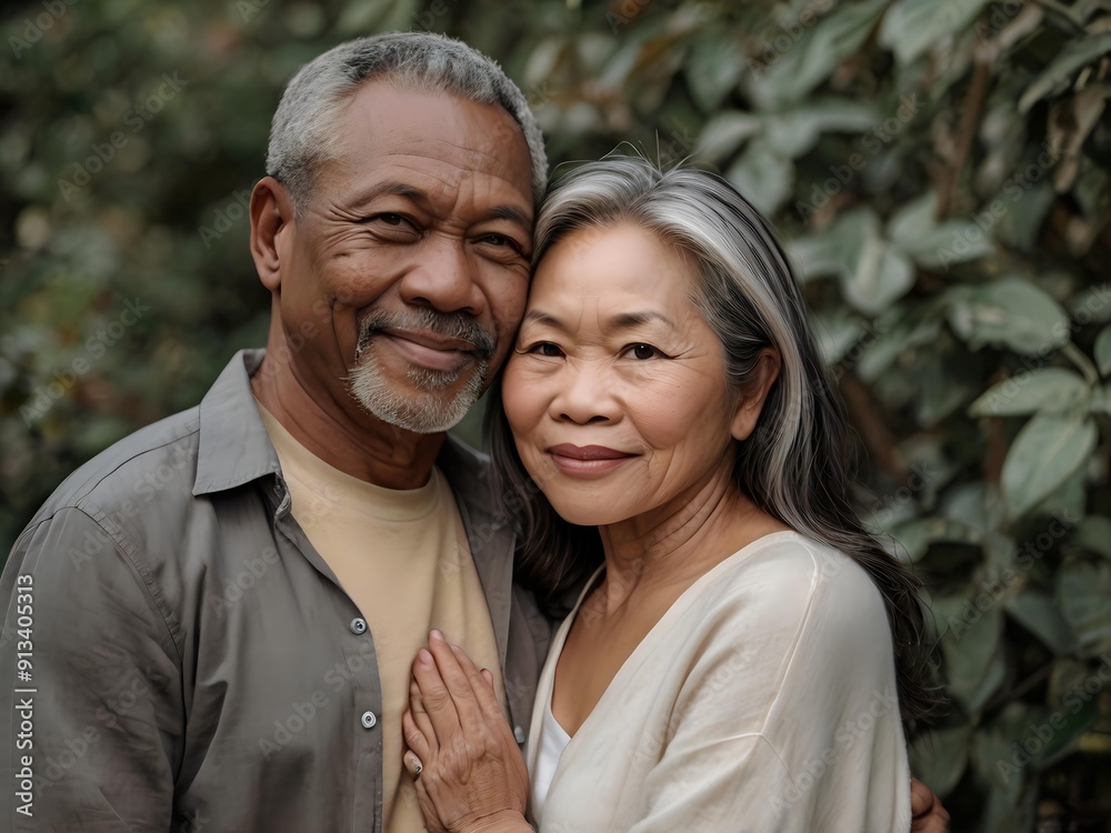 Portrait of a couple of black man from Africa and white woman from Asia, individuals of different races Portrait of a couple of black man from Africa and white woman from Asia, individuals of different races