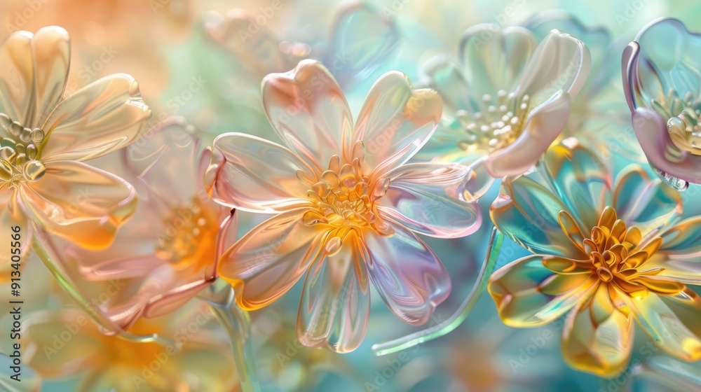Colourful glass flowers with transparent petals, summer floral nature ethereal art. Vibrant holographic background Colourful glass flowers with transparent petals, summer floral nature ethereal art. Vibrant holographic background