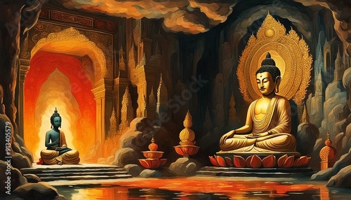 a painting of a buddha statue in a cave