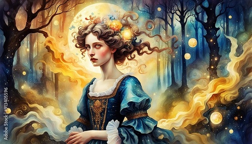 a woman in a blue dress standing in a forest
