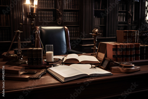 The lawyer's desk is equipped with a hammer, books, etc photo