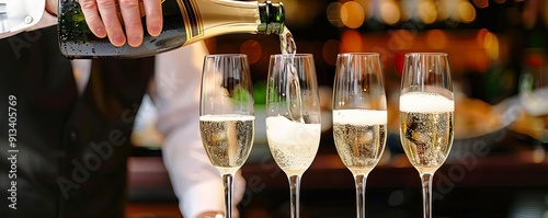 Waiter pouring champagne into glasses on a table, elegant event or celebration setting photo