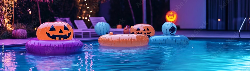Pool party setup with Halloween decorations and themed inflatables ...