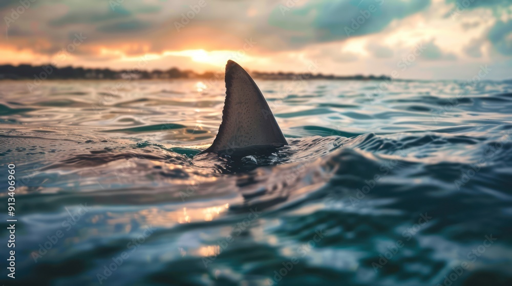 Fototapeta premium Shark Fin Emerging from Water at Sunset