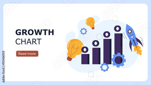 Growth chart poster. Graph with rocket and light bulb. Market research and infographics for investors and traders. Landing webpage design. Flat vector illustration isolated on white background