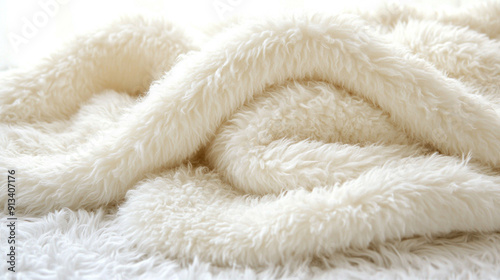 woolen plush fleece fabric texture in a creamy white color. The intricate fibers create a cozy and luxurious feel, symbolizing warmth, comfort, and natural elegance in textiles