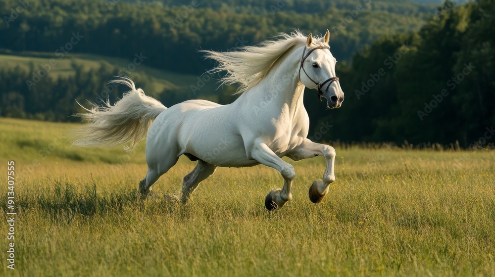This image captures the essence of freedom, the white warhorse, with its powerful gallop and flowing mane highlighting its graceful beauty. This image captures the essence of freedom, the white warhorse, with its powerful gallop and flowing mane highlighting its graceful beauty.