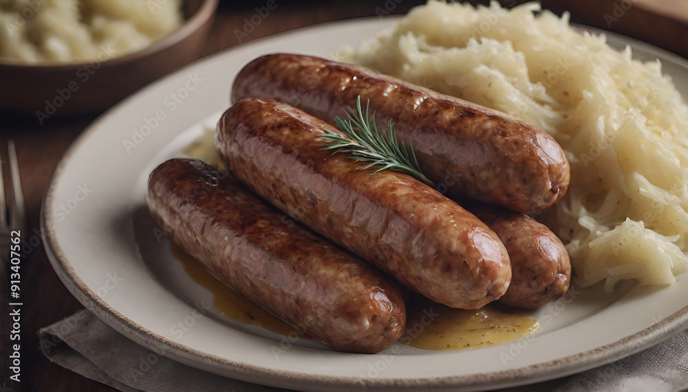 closeup of german sausages and sauerkraut on a plate closeup of german sausages and sauerkraut on a plate