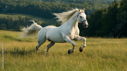 This image captures the essence of freedom, the white warhorse, with its powerful gallop and flowing mane highlighting its graceful beauty.