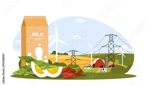 Homegrown food concept. Packaging of milk with eggs, tomatoes and lettuce. Natural and fresh products, organic eating. Farming and agriculture. Flat vector illustration isolated on white background